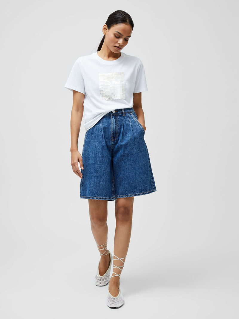 French Connection Sequin Jersey Short Sleeve T-Shirt Linen White