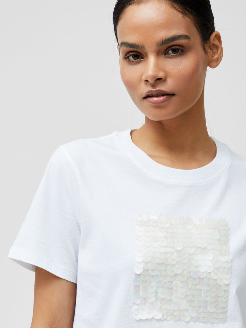 French Connection Sequin Jersey Short Sleeve T-Shirt Linen White