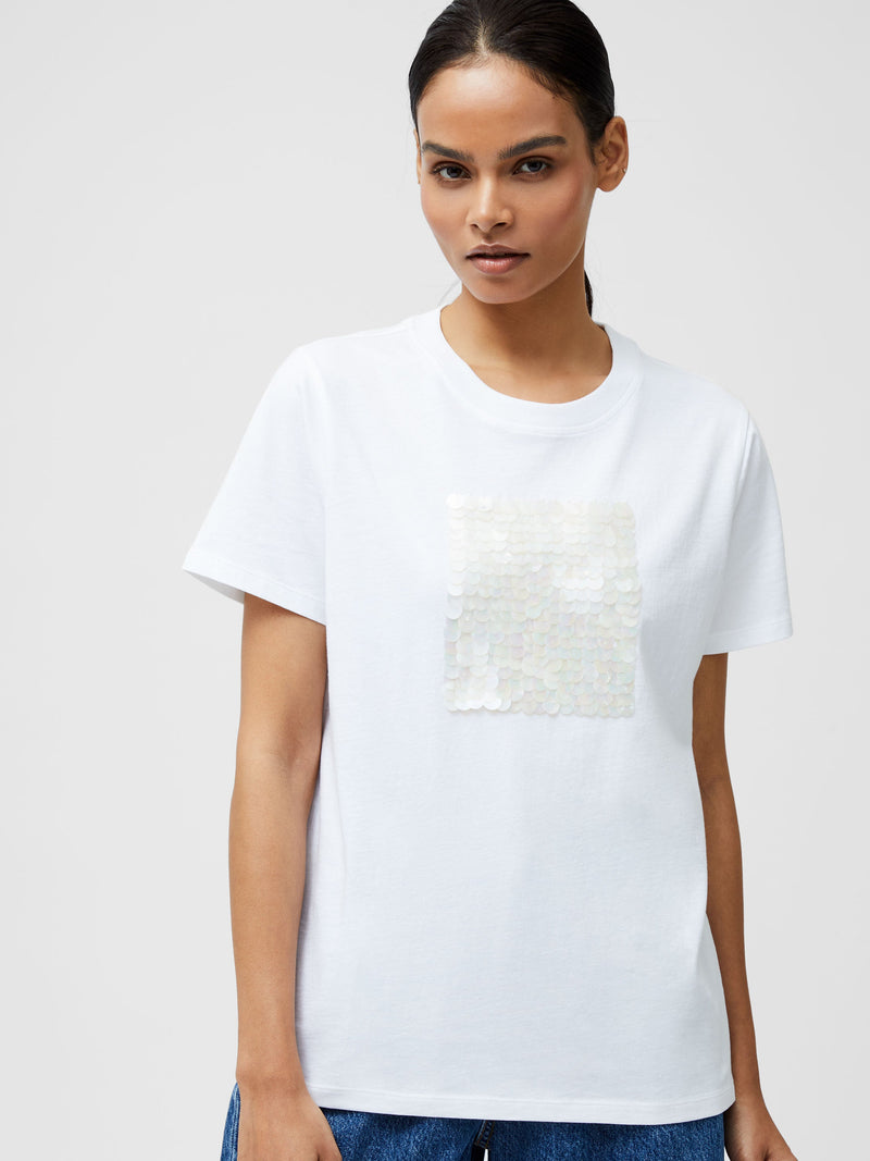 french connection Sequin Jersey Short Sleeve T-Shirt Linen White