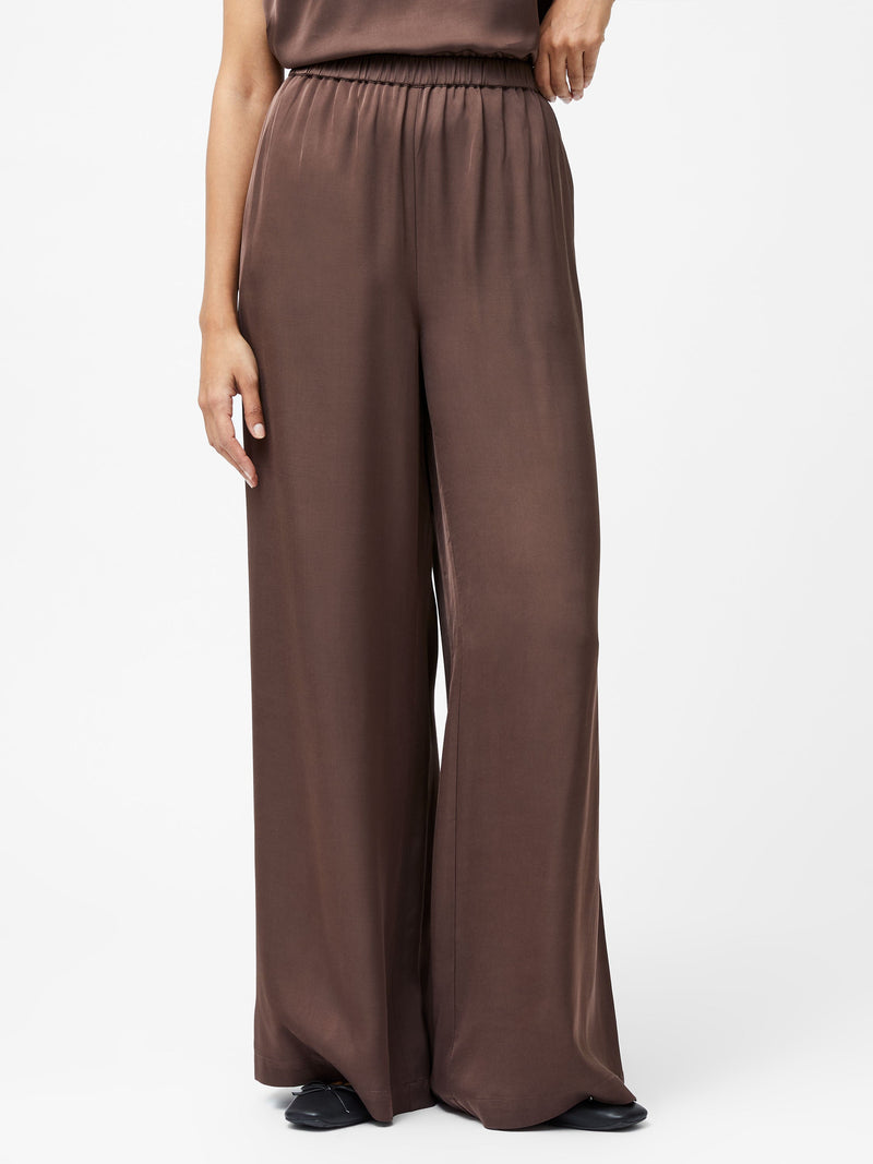 French Connection Sera Eco Satin Elasticated Wide Leg Trousers Walnut Brown