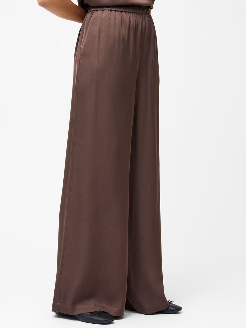 French Connection Sera Eco Satin Elasticated Wide Leg Trousers Walnut Brown