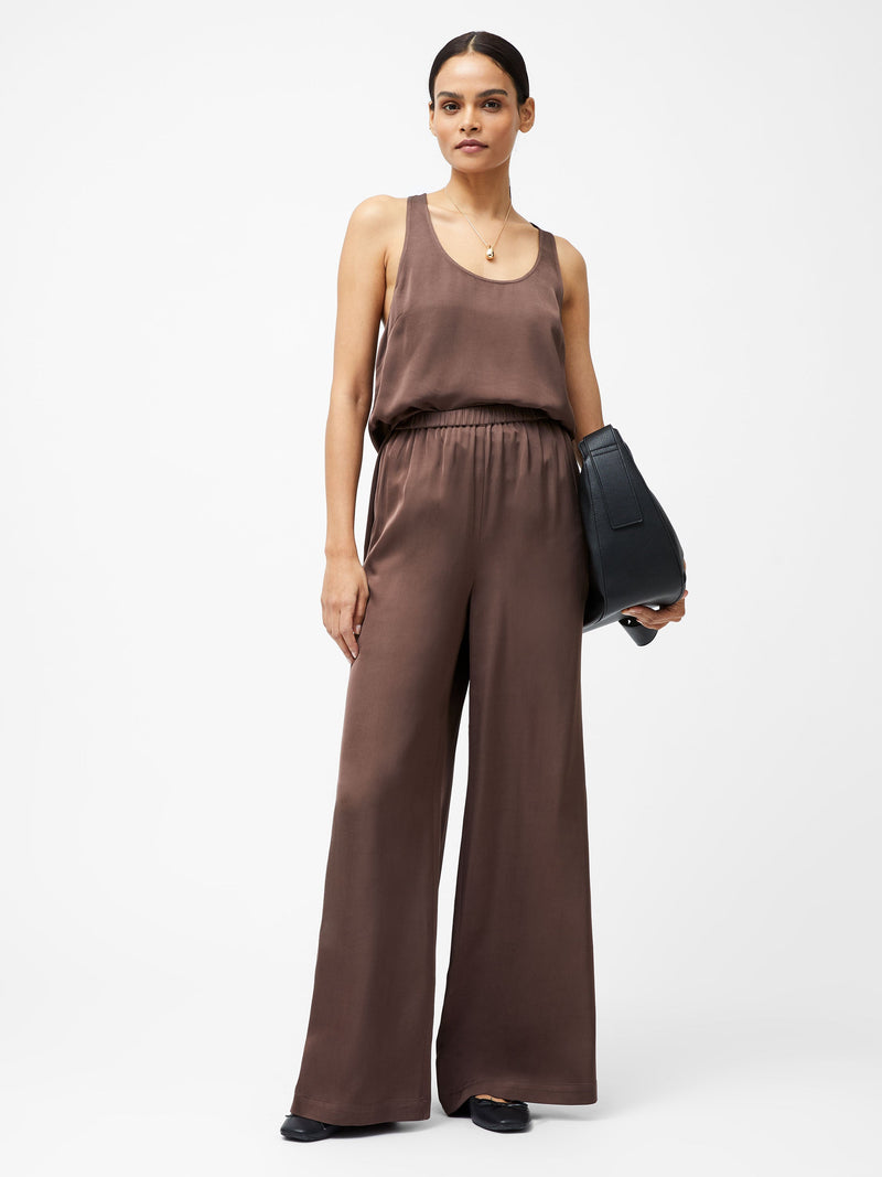 french connection Sera Eco Satin Elasticated Wide Leg Trousers Walnut Brown