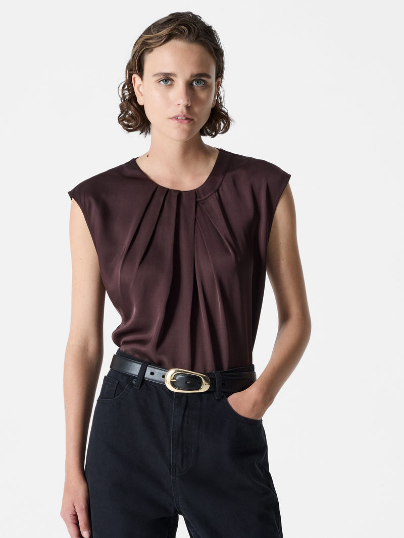 french connection Sera Eco Satin Pleated Sleeveless Blouse Bitter Chocolate