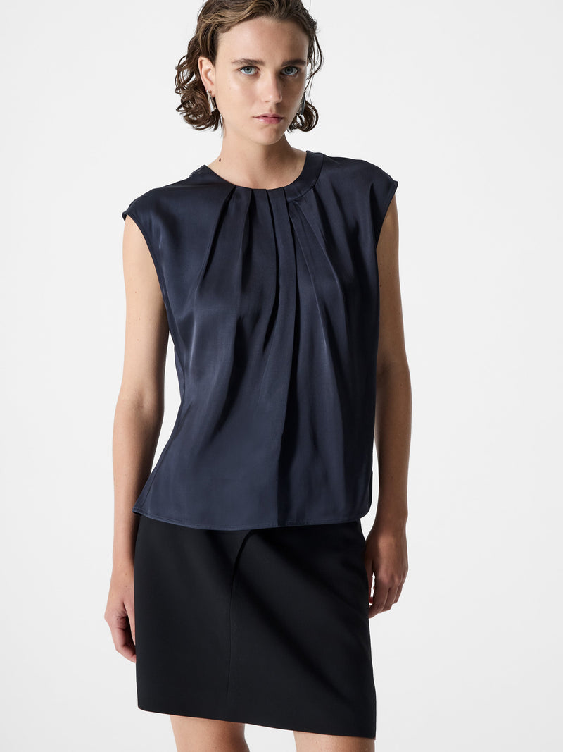 french connection Sera Eco Satin Pleated Sleeveless Blouse Navy