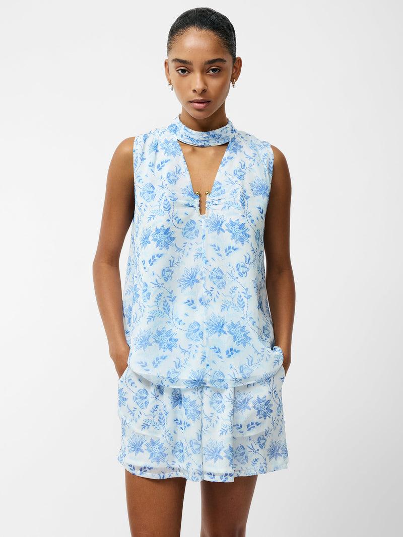 French Connection Serenity V Neck Trim Top Cream/Blue