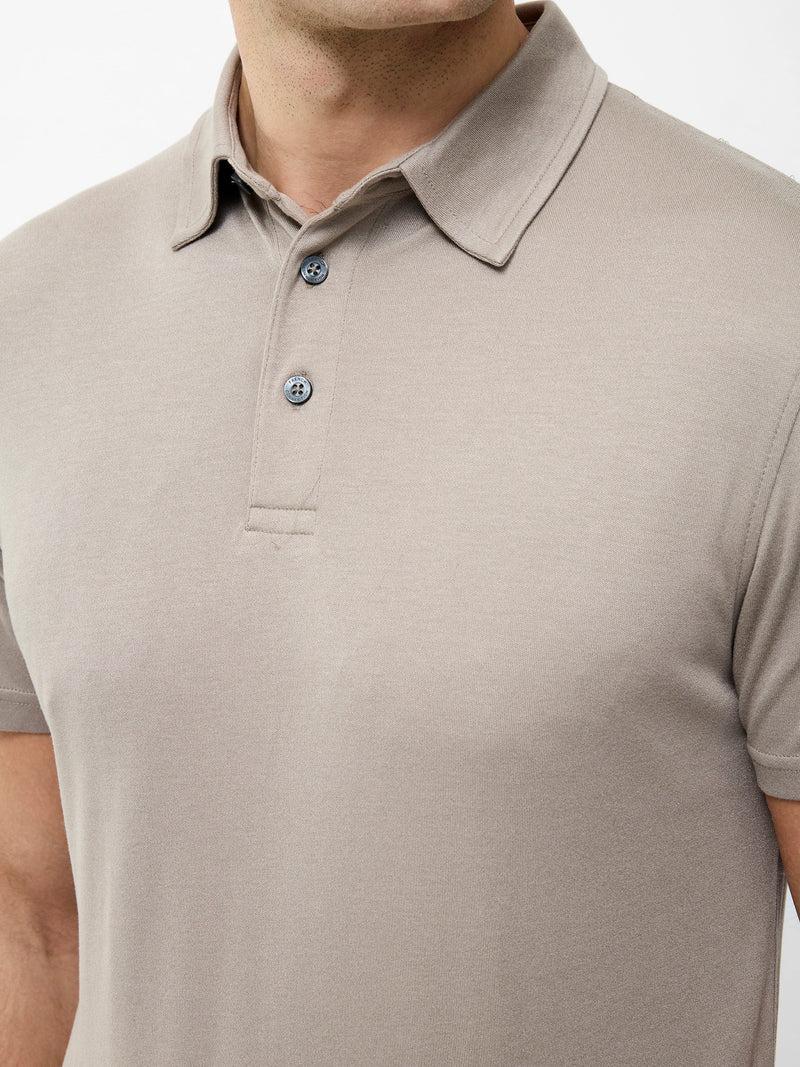 French Connection Short Sleeve Interlock Knit Button Polo Shirt Taupe