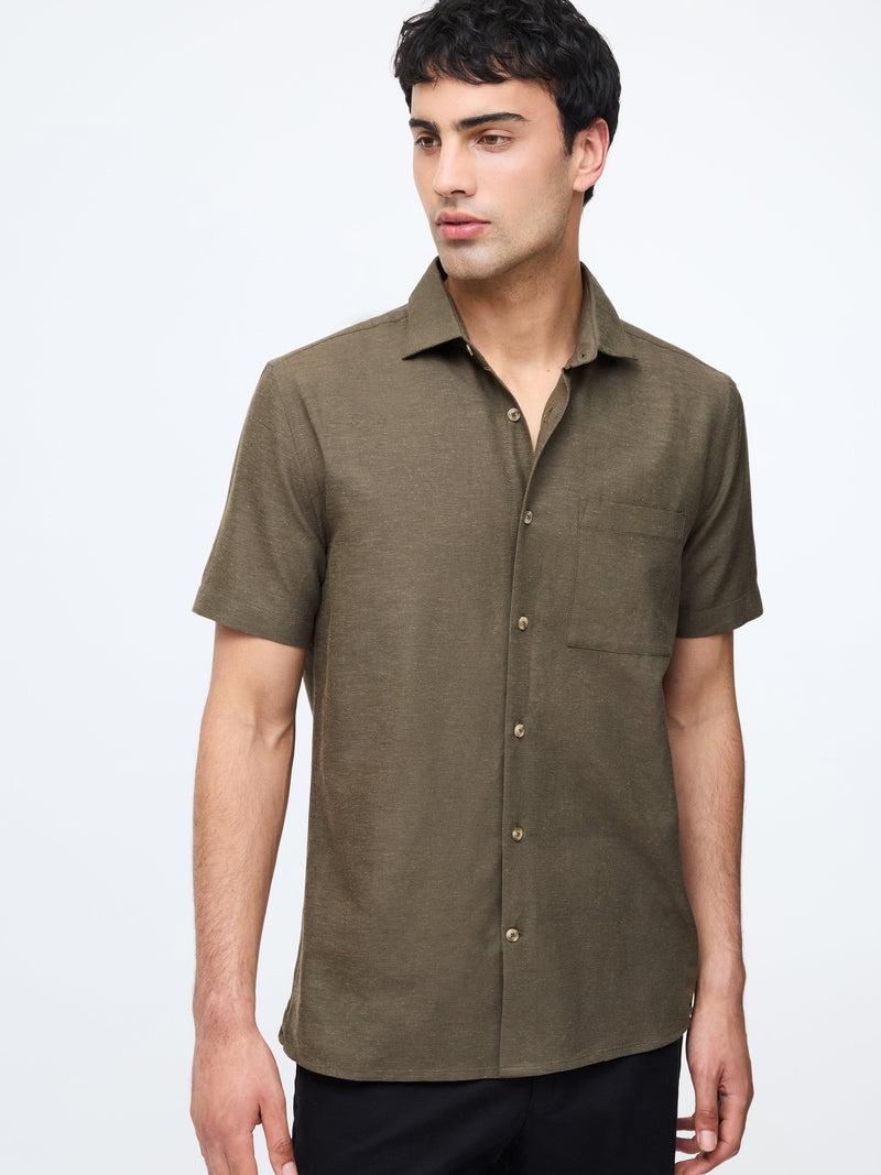 french connection Short Sleeve Linen Blend Shirt Khaki
