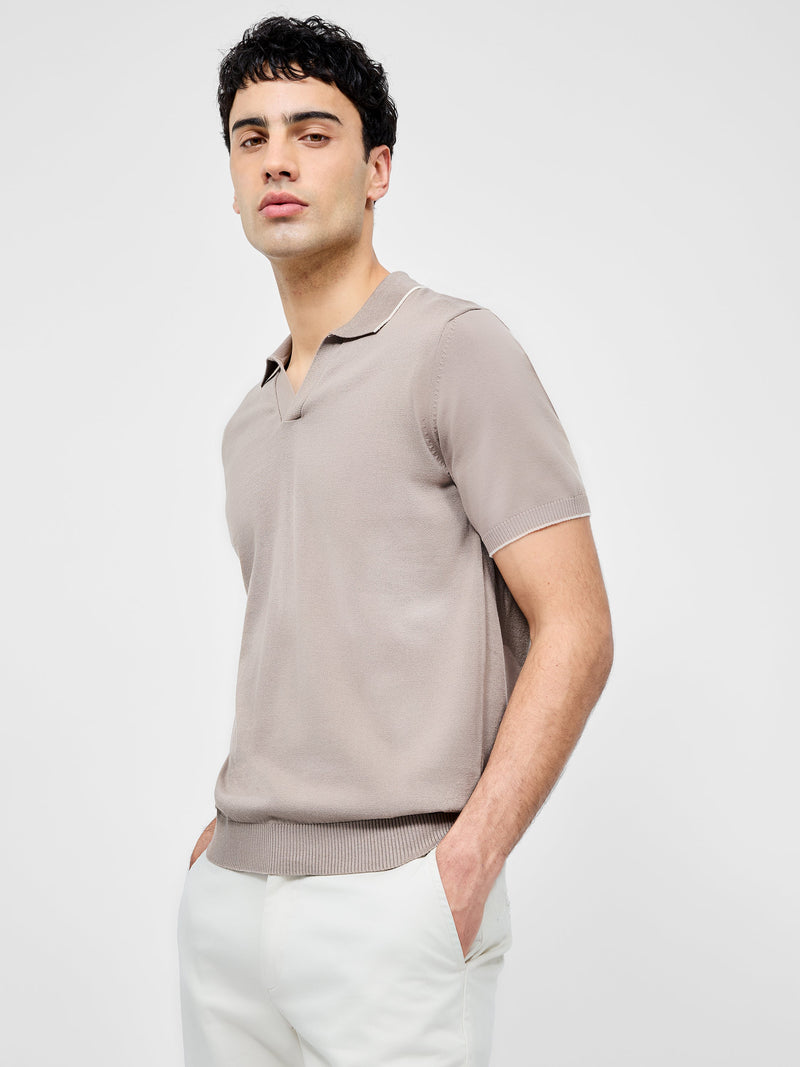 french connection Short Sleeve Trophy Knit Polo Shirt Taupe/Stone