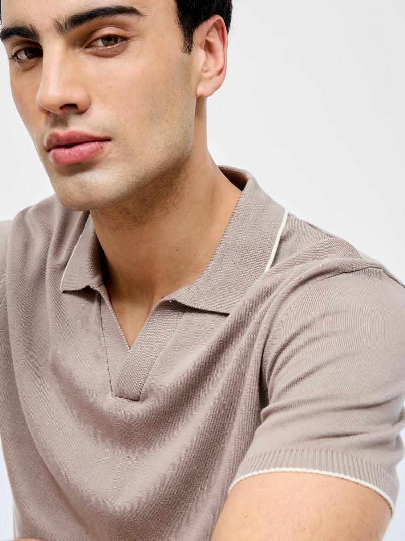 French Connection Short Sleeve Trophy Knit Polo Shirt Taupe/Stone