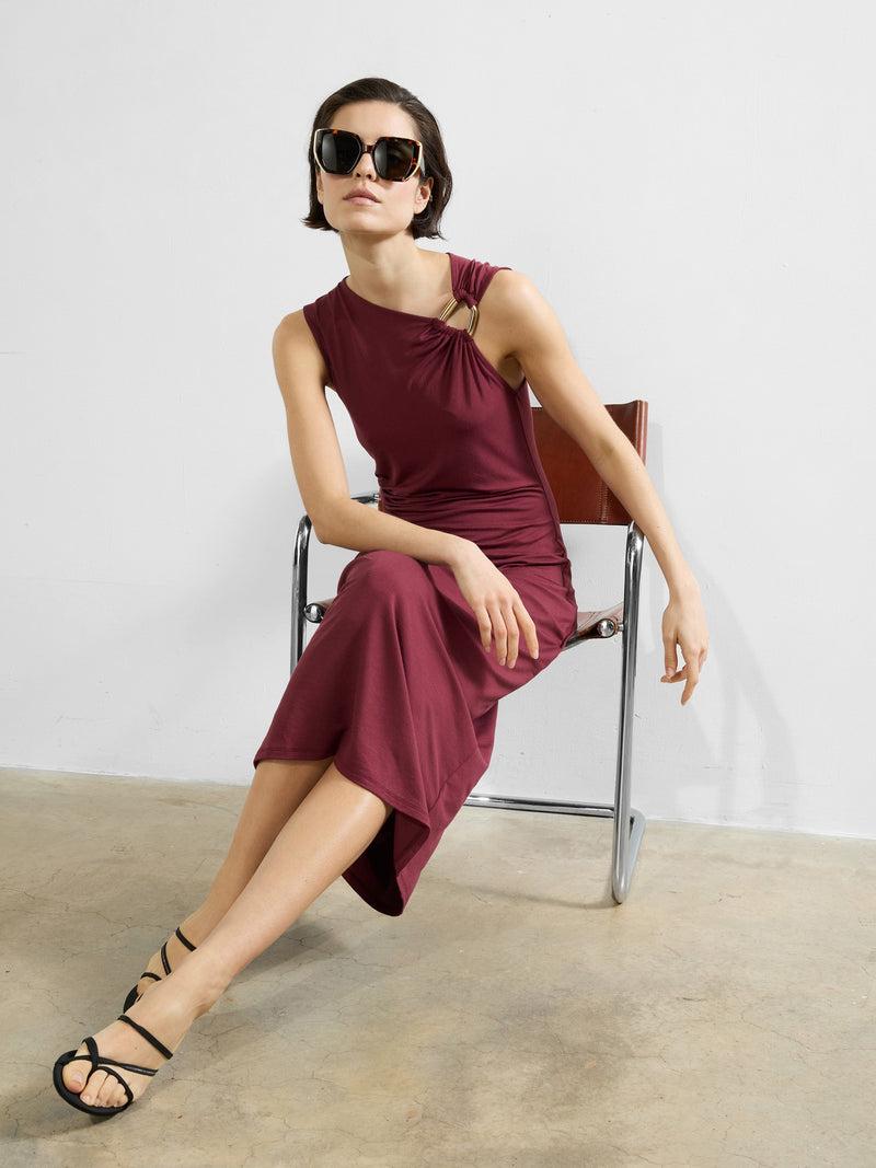 french connection Sia Jersey Asymmetric Neck Midi Dress Summer Burgundy