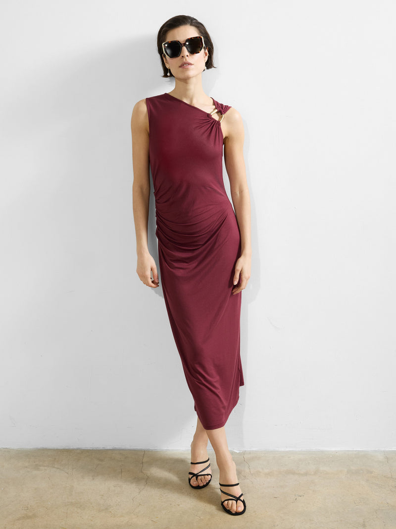 French Connection Sia Jersey Asymmetric Neck Midi Dress Summer Burgundy