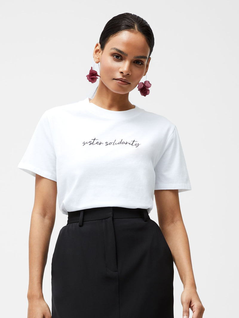 French Connection Sister Solidarity Embroidered Graphic T-Shirt Linen White