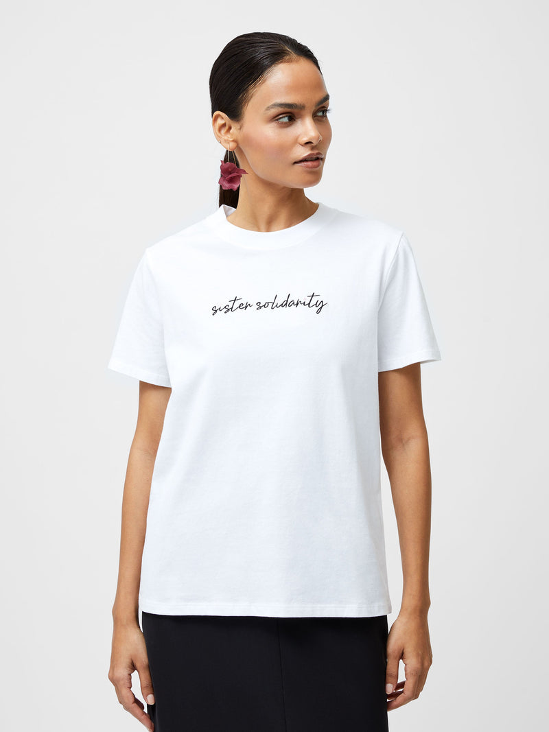 French Connection Sister Solidarity Embroidered Graphic T-Shirt Linen White