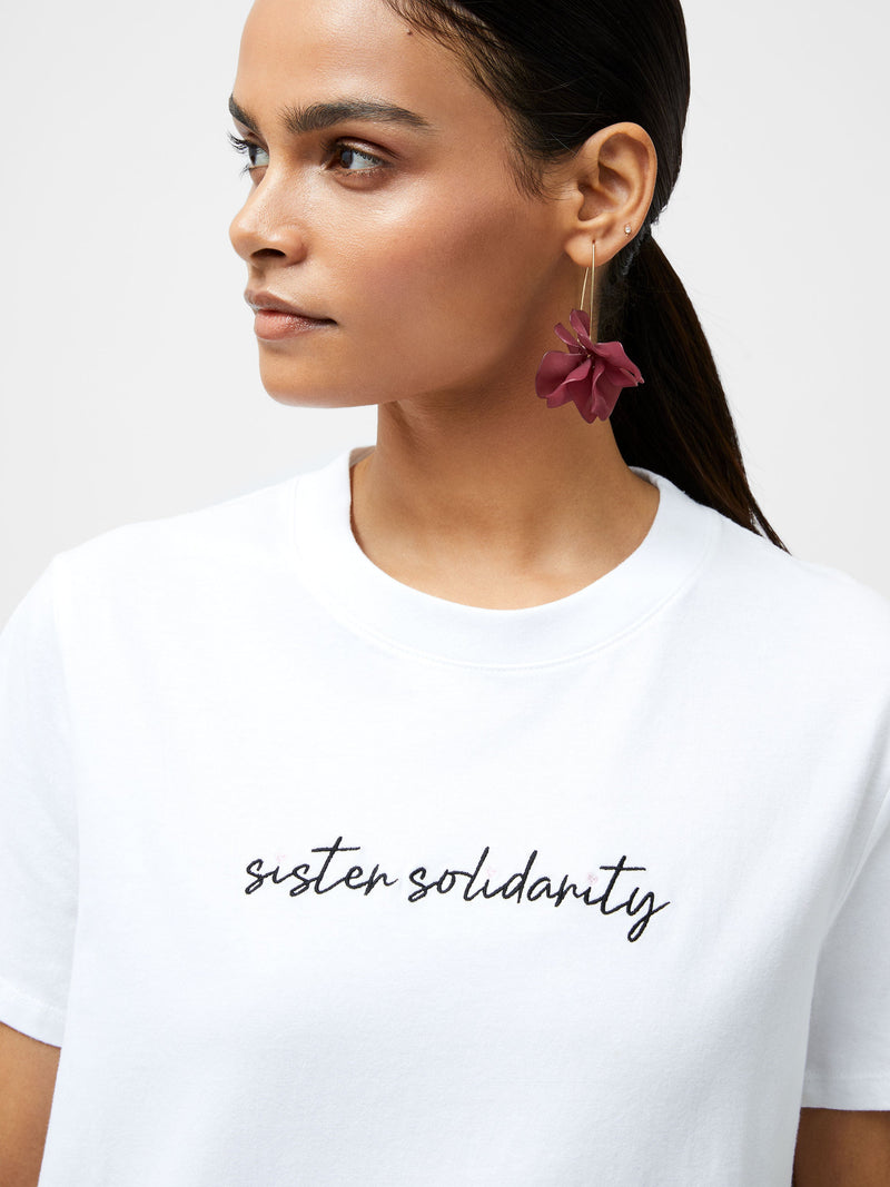 french connection Sister Solidarity Embroidered Graphic T-Shirt Linen White
