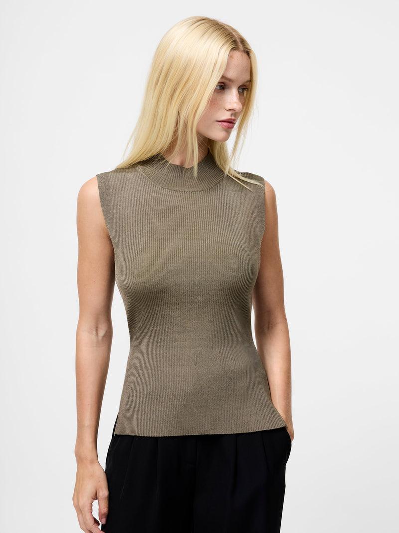 french connection Sleeveless High Neck Ribbed Jumper Washed Khaki