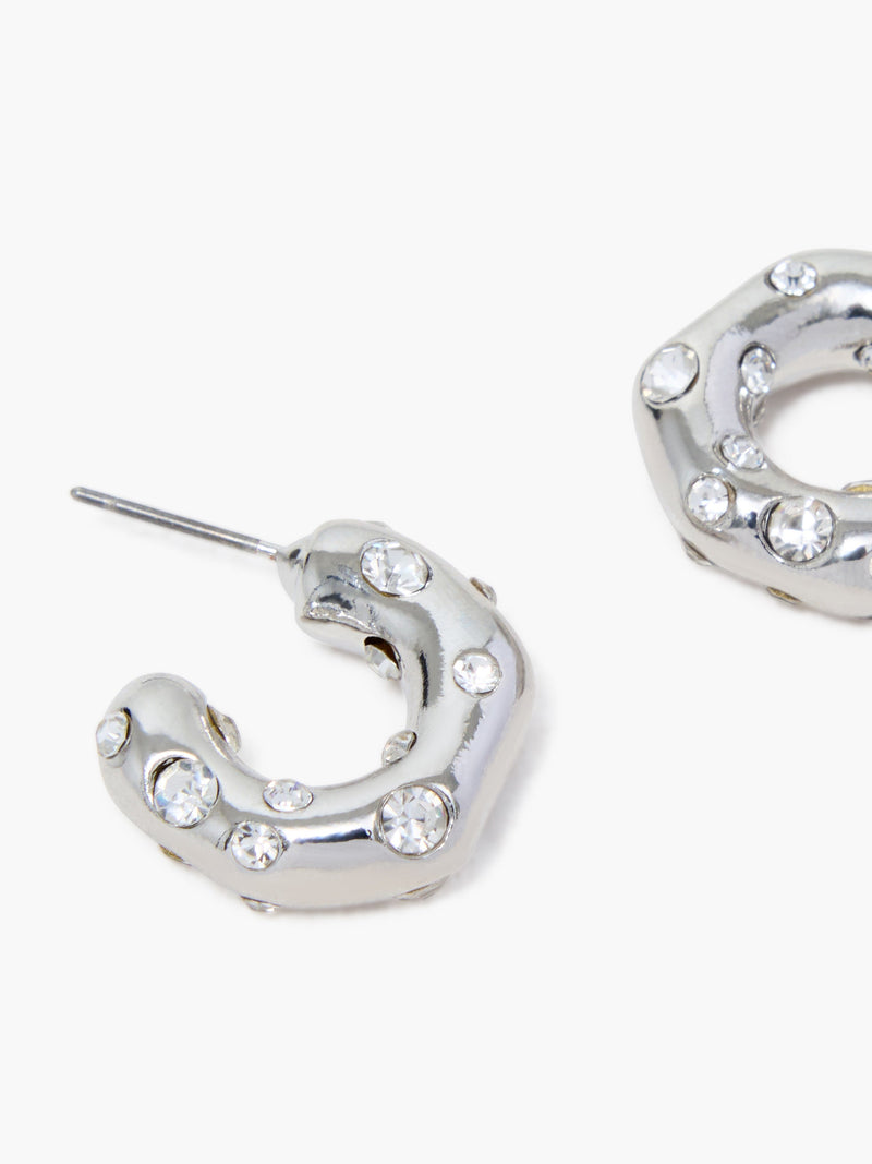 French Connection Small Crystal Hammered Half Hoop Earrings Rhodium