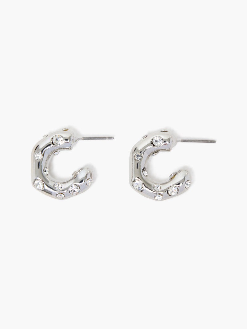 french connection Small Crystal Hammered Half Hoop Earrings Rhodium