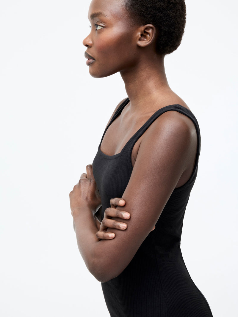 French Connection Square Neck Ribbed Bodycon Midi Dress Black