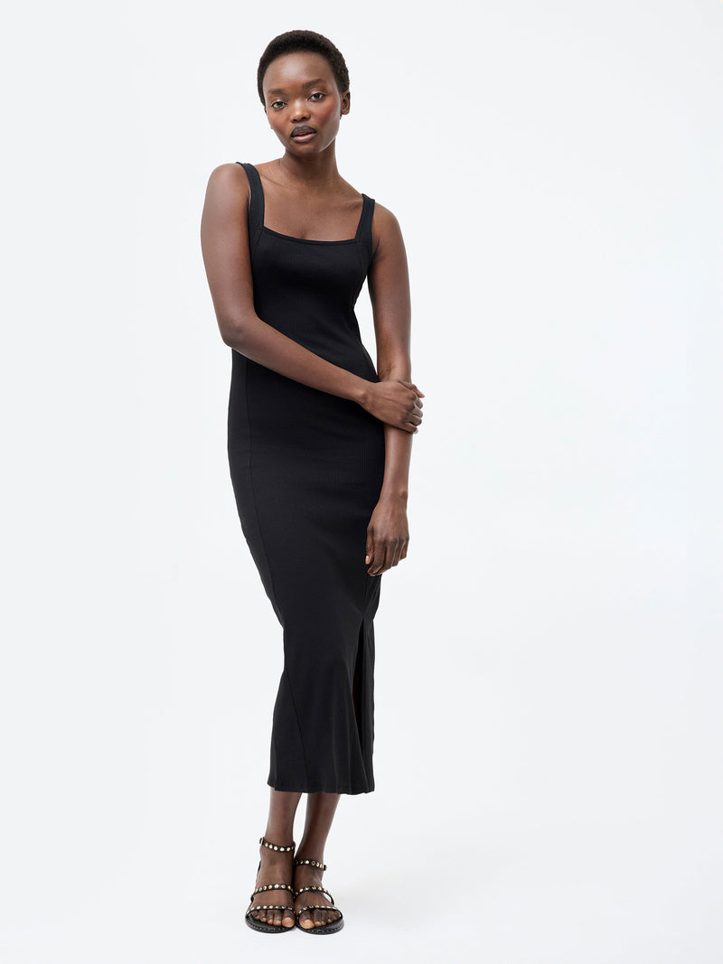 French Connection Square Neck Ribbed Bodycon Midi Dress Black