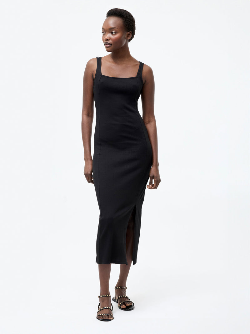 french connection Square Neck Ribbed Bodycon Midi Dress Black