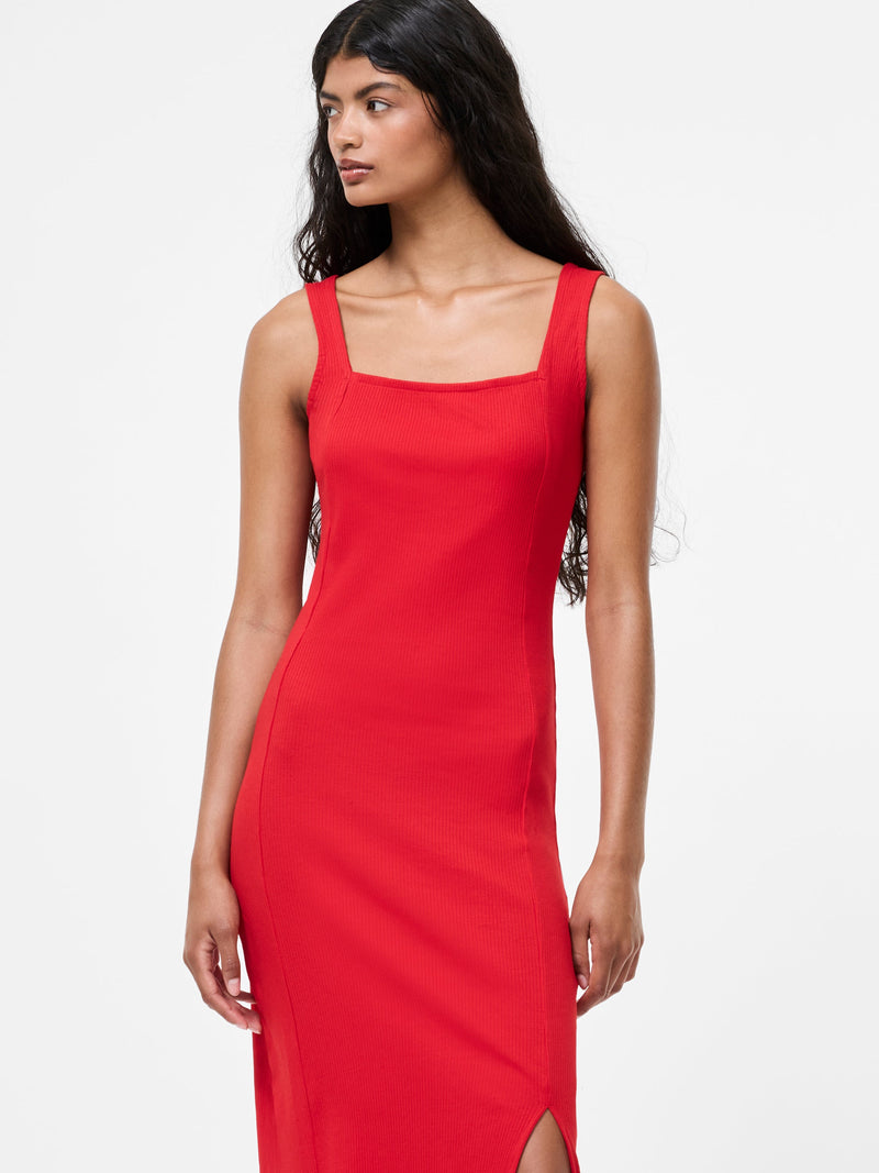 French Connection Square Neck Ribbed Bodycon Midi Dress Red