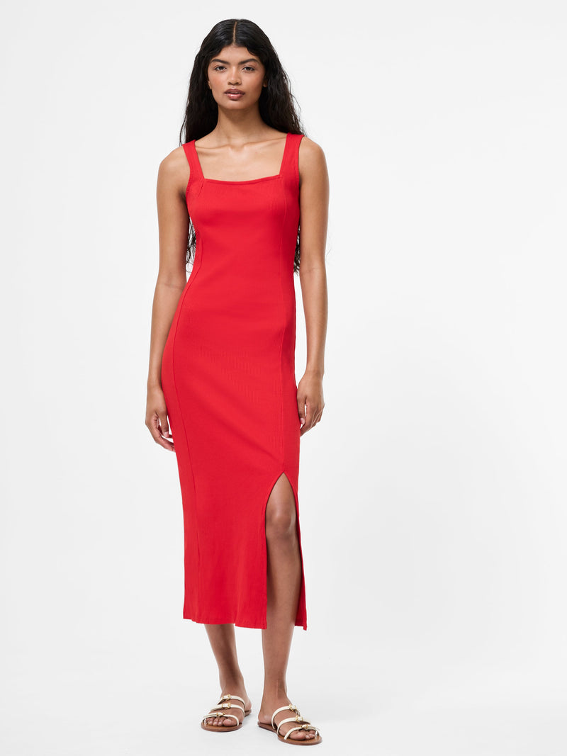 french connection Square Neck Ribbed Bodycon Midi Dress Red