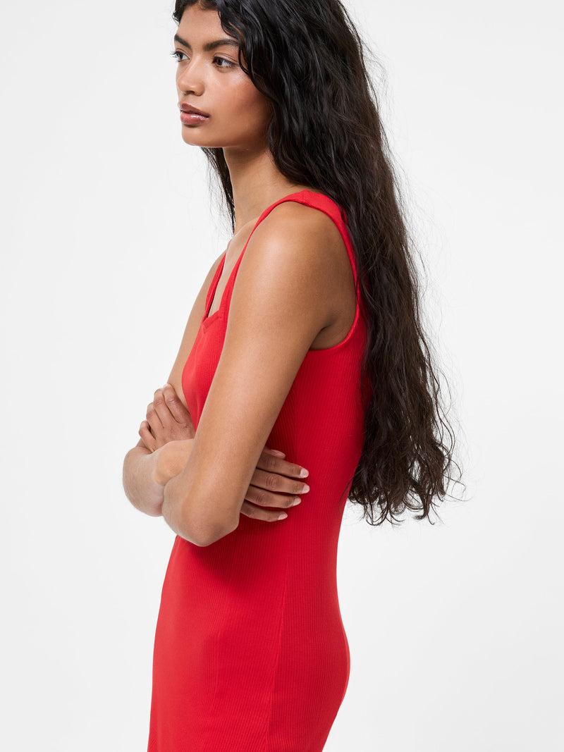 French Connection Square Neck Ribbed Bodycon Midi Dress Red