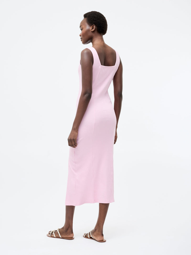 French Connection Square Neck Ribbed Bodycon Midi Dress Strawberry Shake