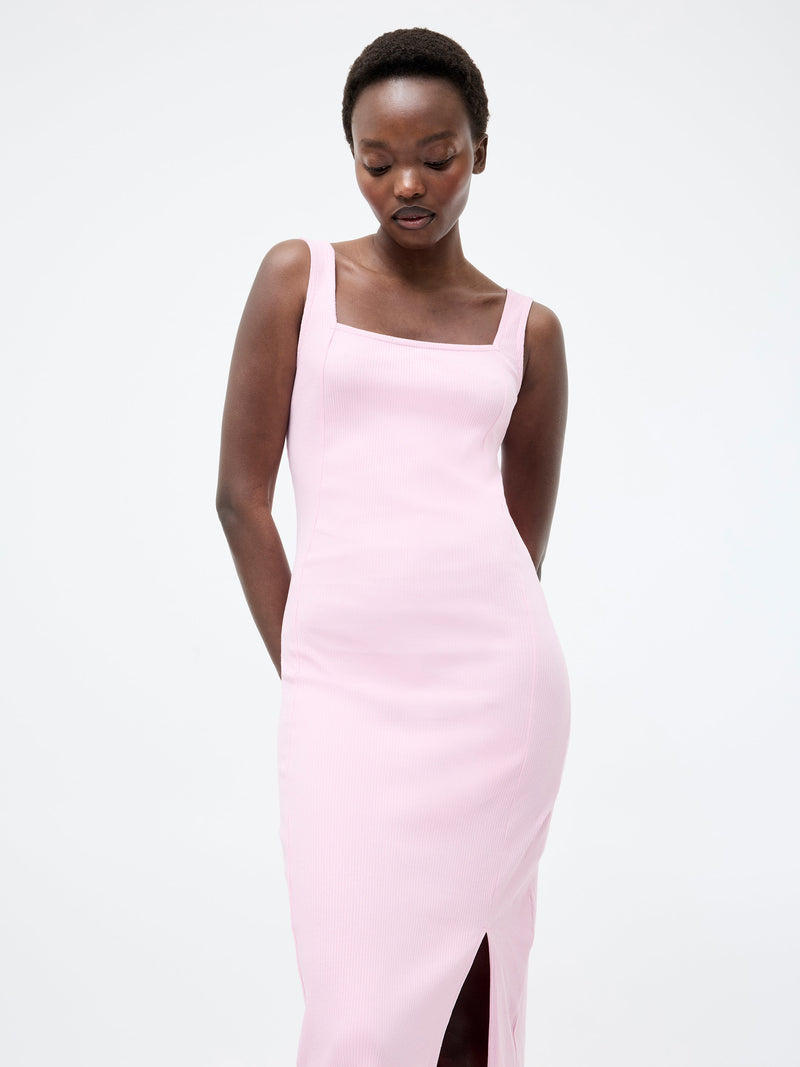 French Connection Square Neck Ribbed Bodycon Midi Dress Strawberry Shake