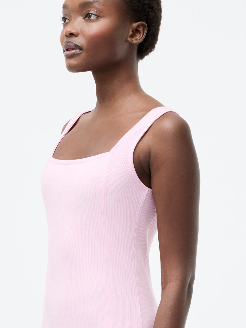 French Connection Square Neck Ribbed Bodycon Midi Dress Strawberry Shake