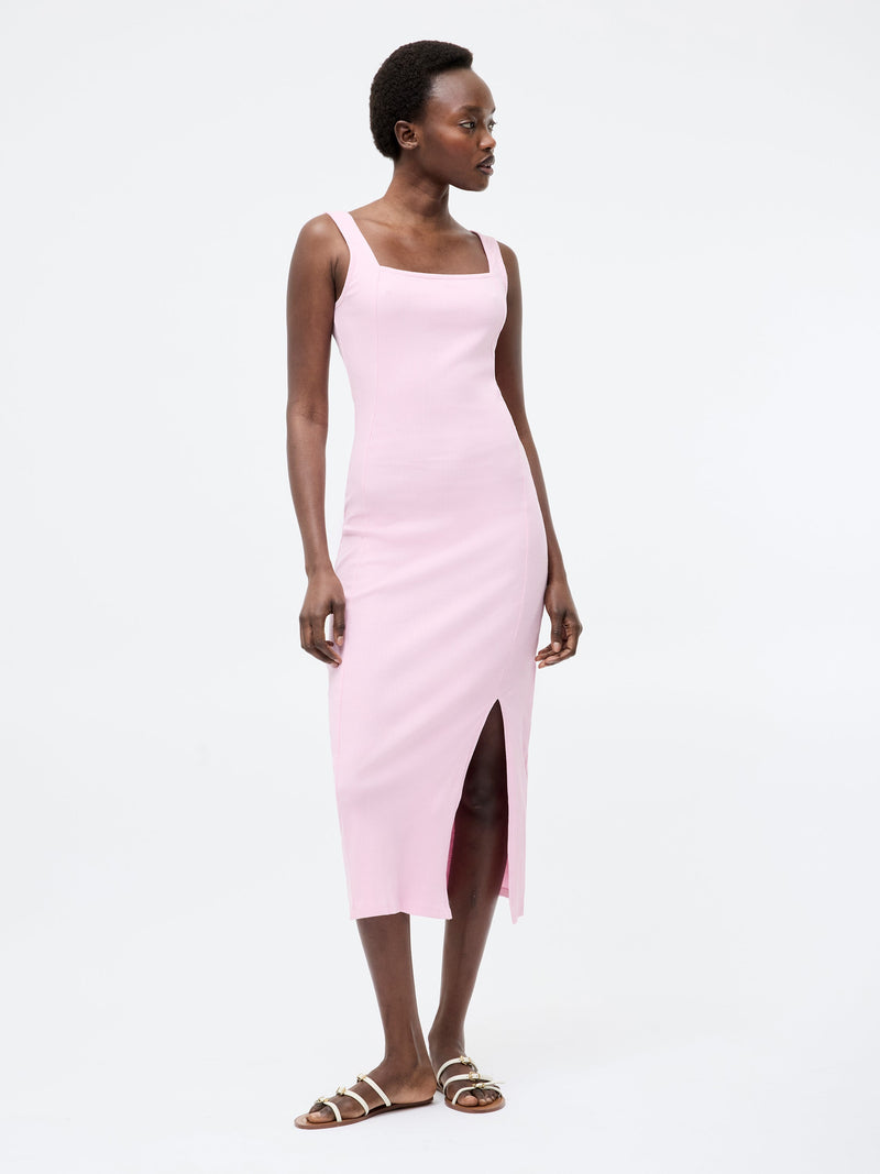 french connection Square Neck Ribbed Bodycon Midi Dress Strawberry Shake