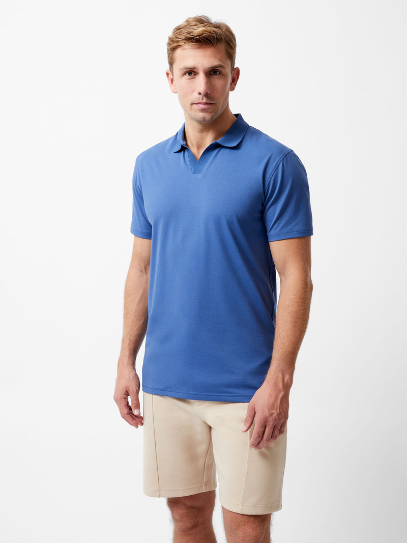 french connection Stretch Short Sleeve Trophy Neck Shirt Mid Blue