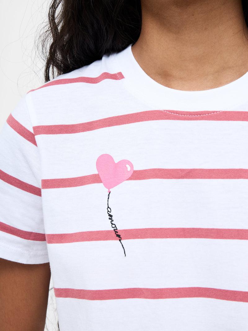 French Connection Striped Balloon Heart Amour T-Shirt White/Rose Kiss