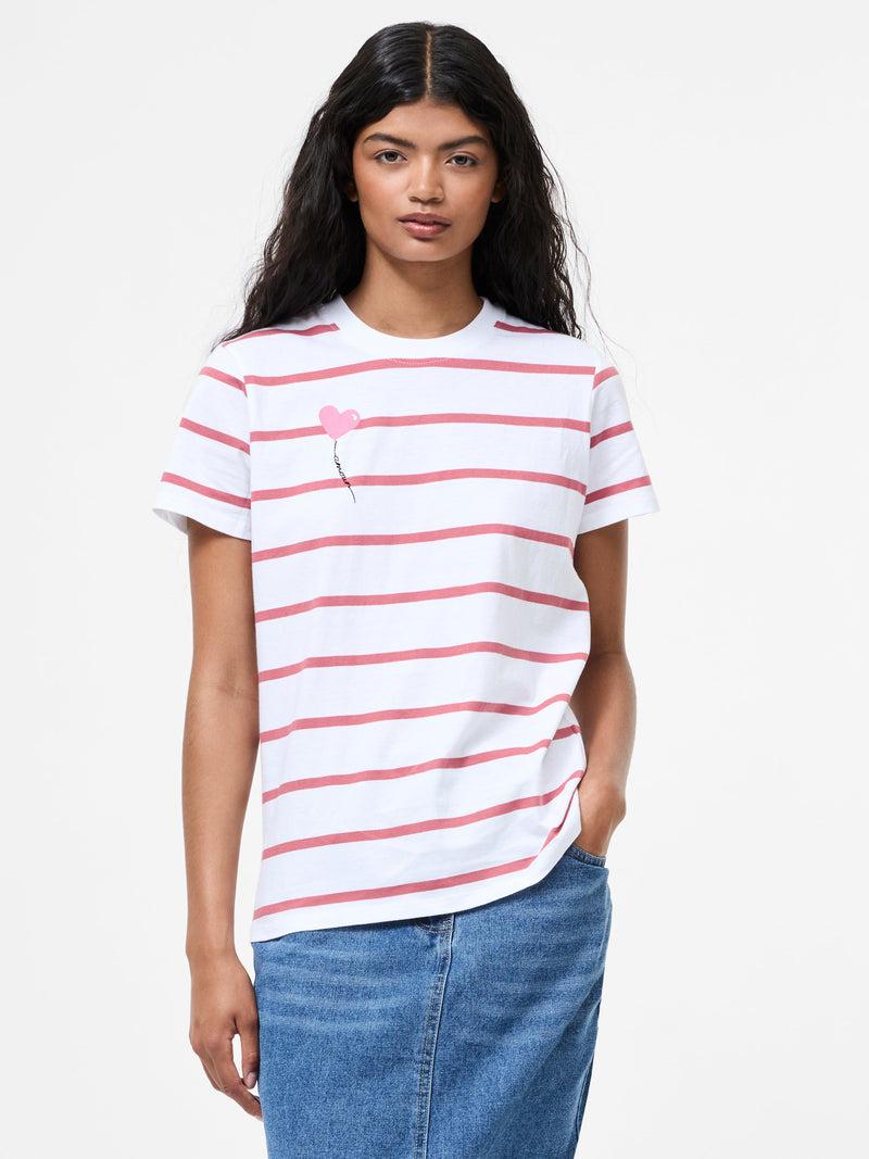 french connection Striped Balloon Heart Amour T-Shirt White/Rose Kiss