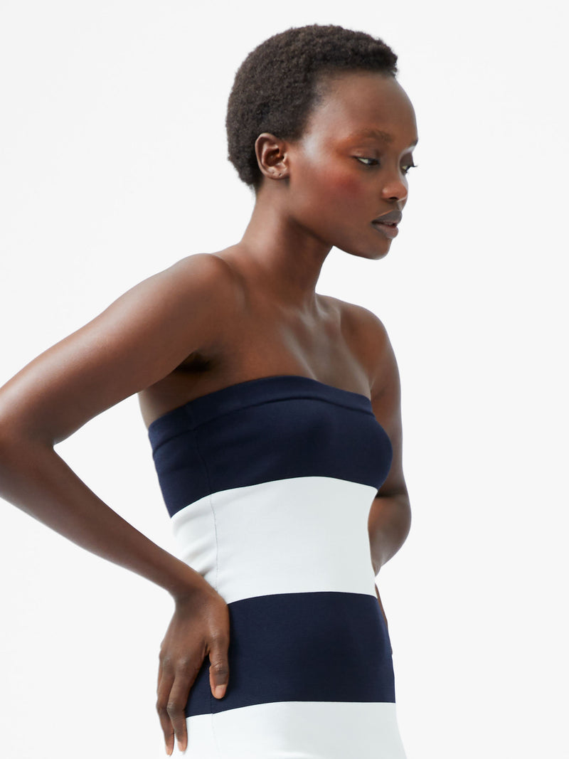 French Connection Striped Bodycon Knit Bandeau Midi Dress Summer White/Marine