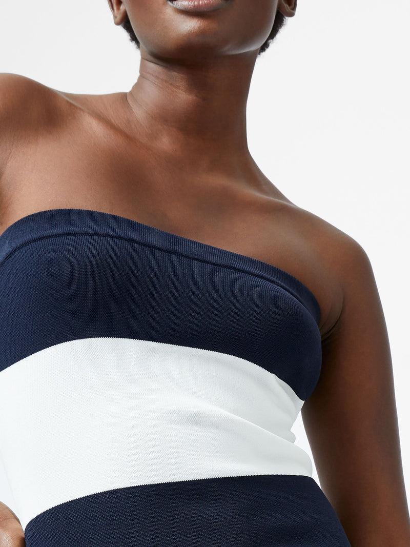 French Connection Striped Bodycon Knit Bandeau Midi Dress Summer White/Marine
