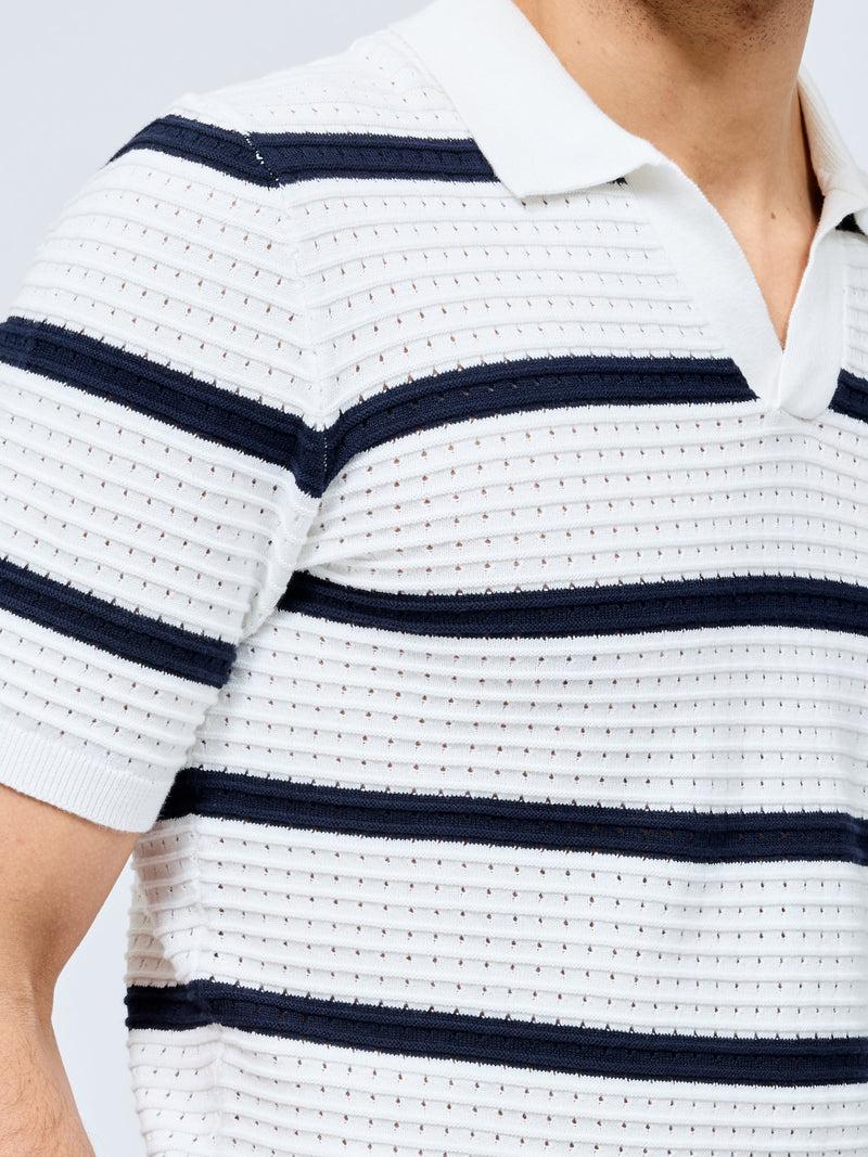 French Connection Striped Textured Trophy Neck Shirt Ecru/Navy