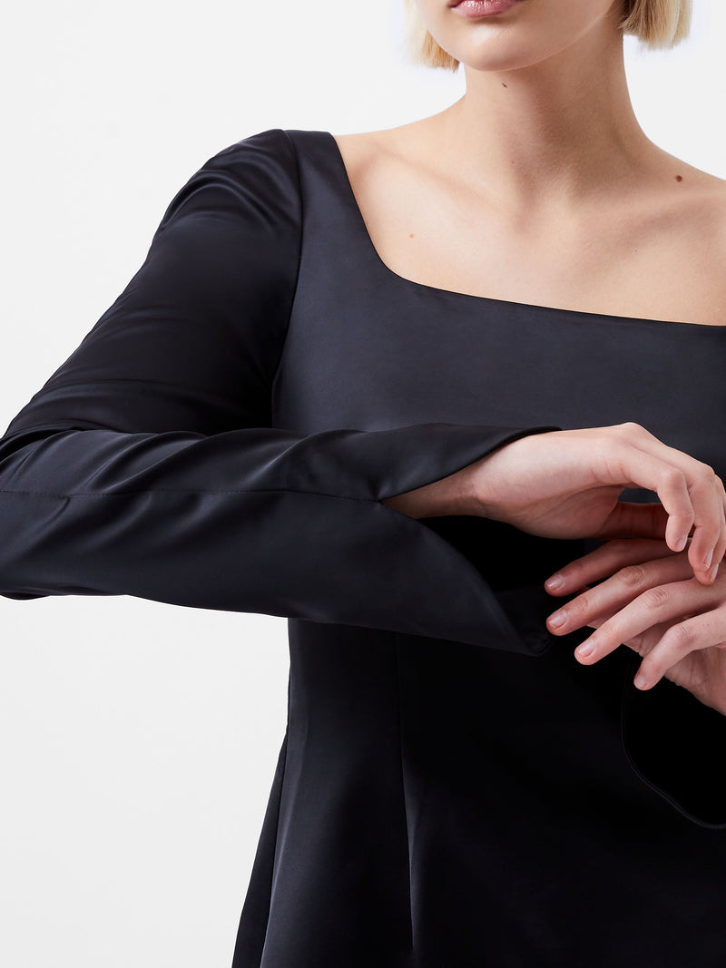 French Connection Structured Satin Long Sleeve Scoop Neck Mini Dress Black