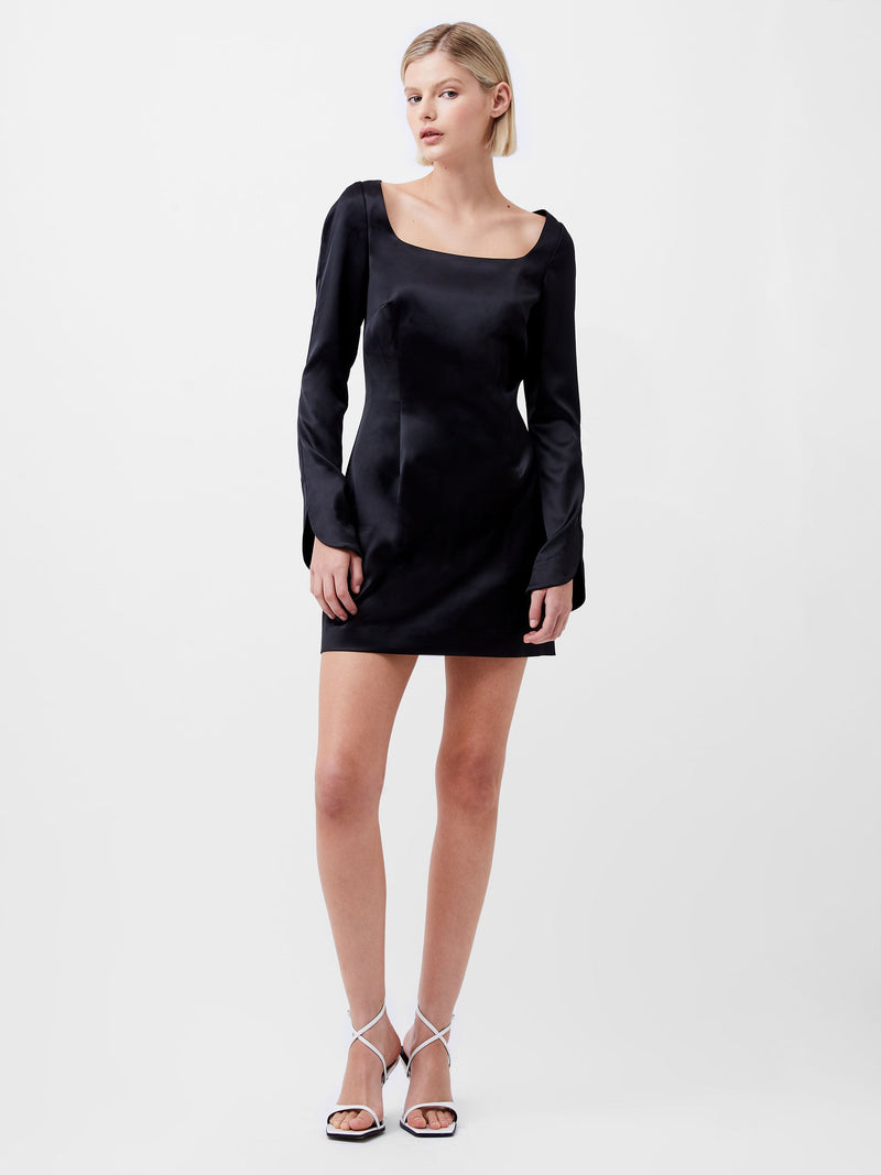 French Connection Structured Satin Long Sleeve Scoop Neck Mini Dress Black