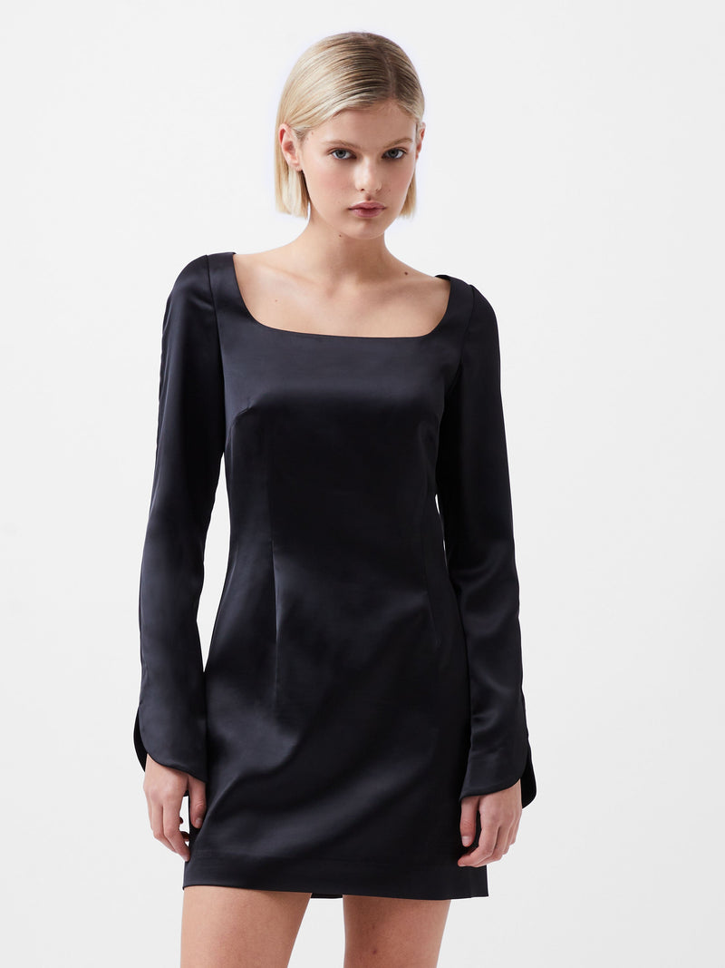 french connection Structured Satin Long Sleeve Scoop Neck Mini Dress Black