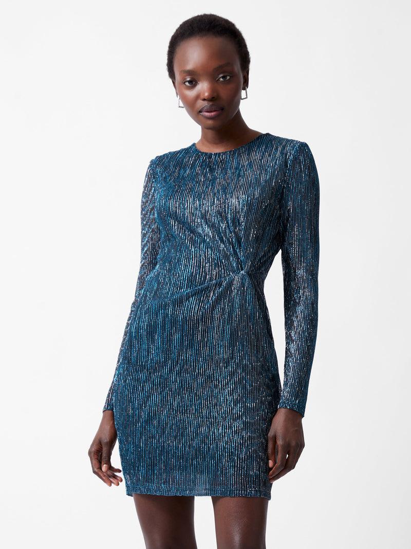 French Connection Tamy Lurex Long Sleeve Fitted Mini Dress Silver