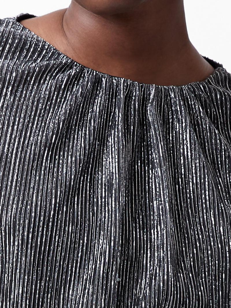 French Connection Tamy Lurex Plisse Long Sleeve Top Silver