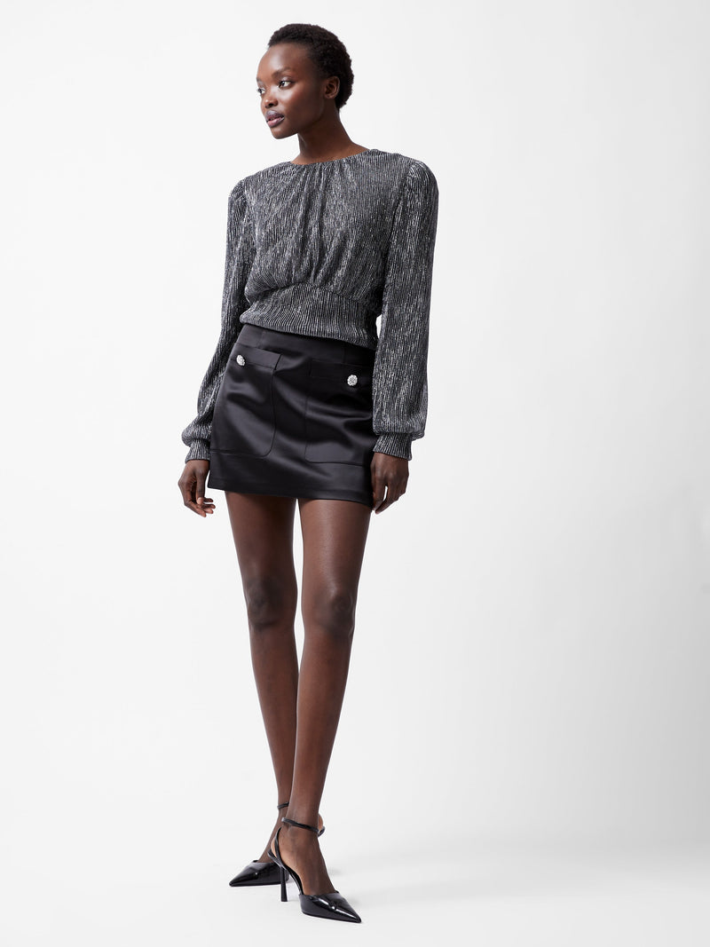 French Connection Tamy Lurex Plisse Long Sleeve Top Silver