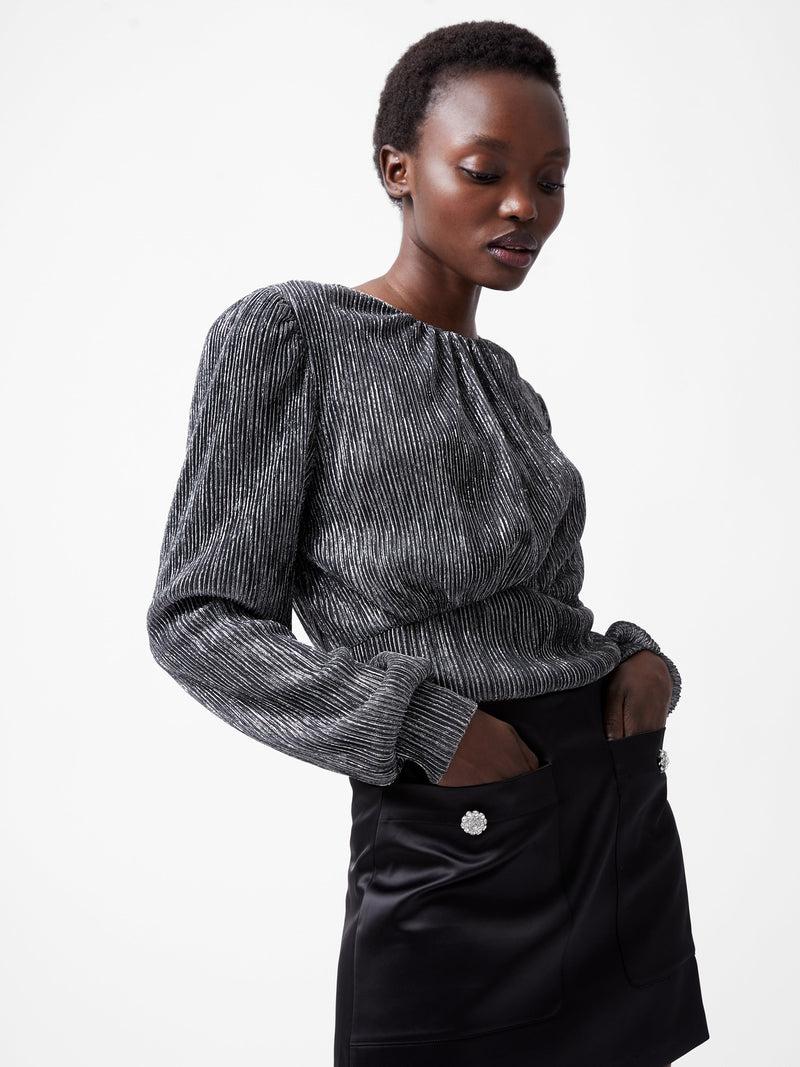 french connection Tamy Lurex Plisse Long Sleeve Top Silver