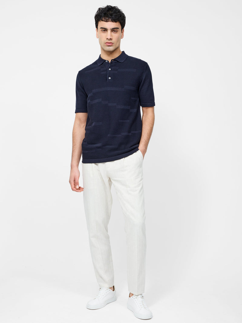 French Connection Textured Jacquard Block Polo Shirt Navy