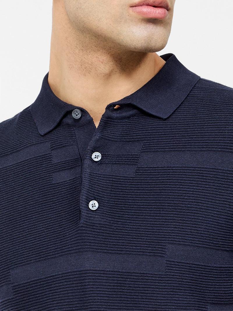 French Connection Textured Jacquard Block Polo Shirt Navy