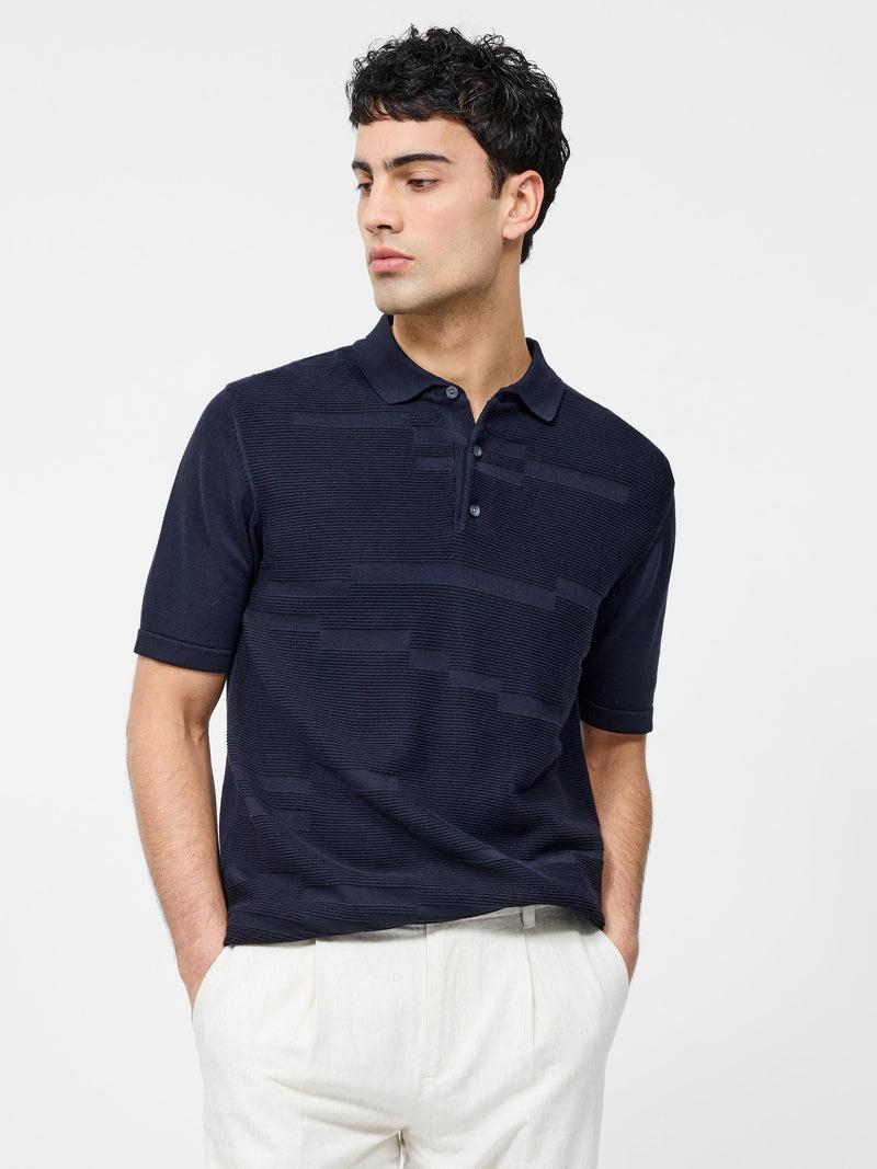 french connection Textured Jacquard Block Polo Shirt Navy