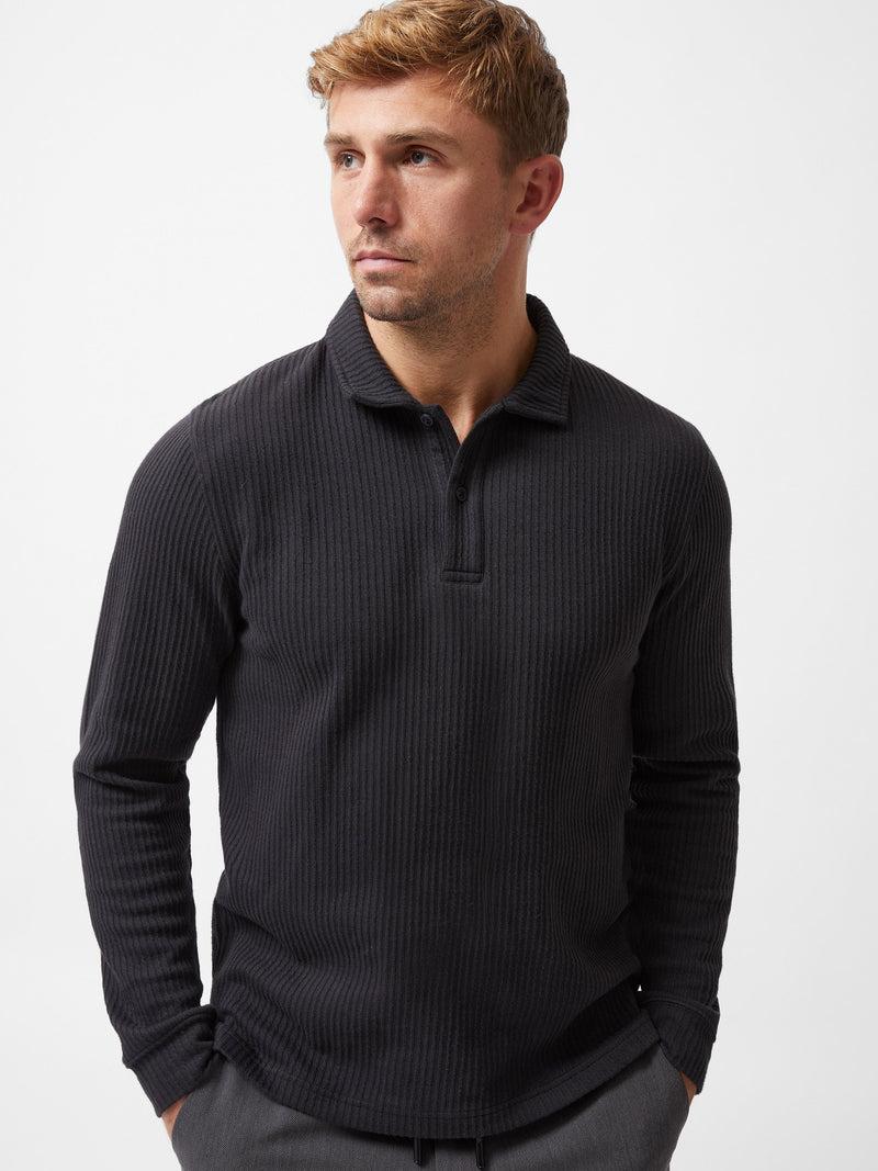 French Connection Textured Long Sleeve Polo Shirt Black