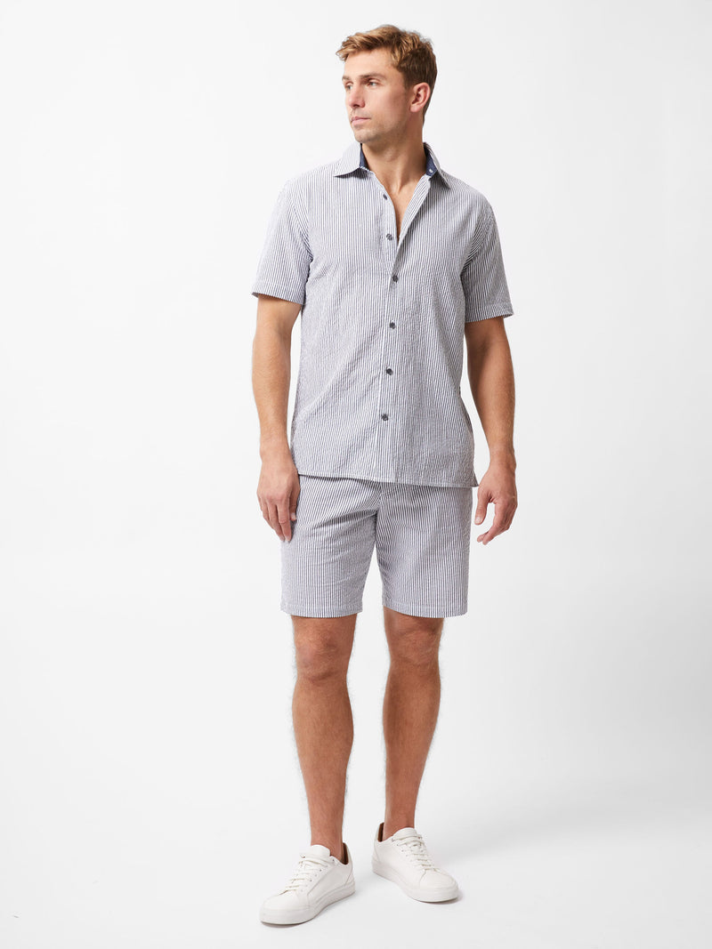 french connection Ticking Stripe Short Sleeve Shirt Navy/White