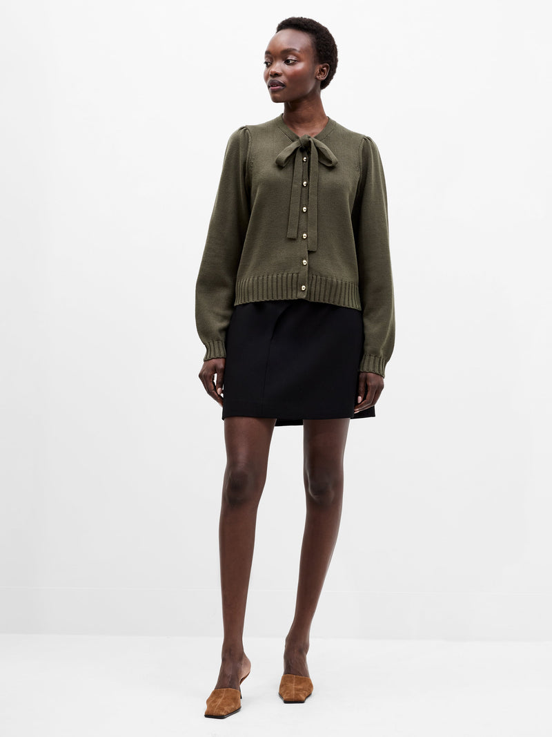 French Connection Varli Long Sleeve Tie Neck Cardigan Khaki Green